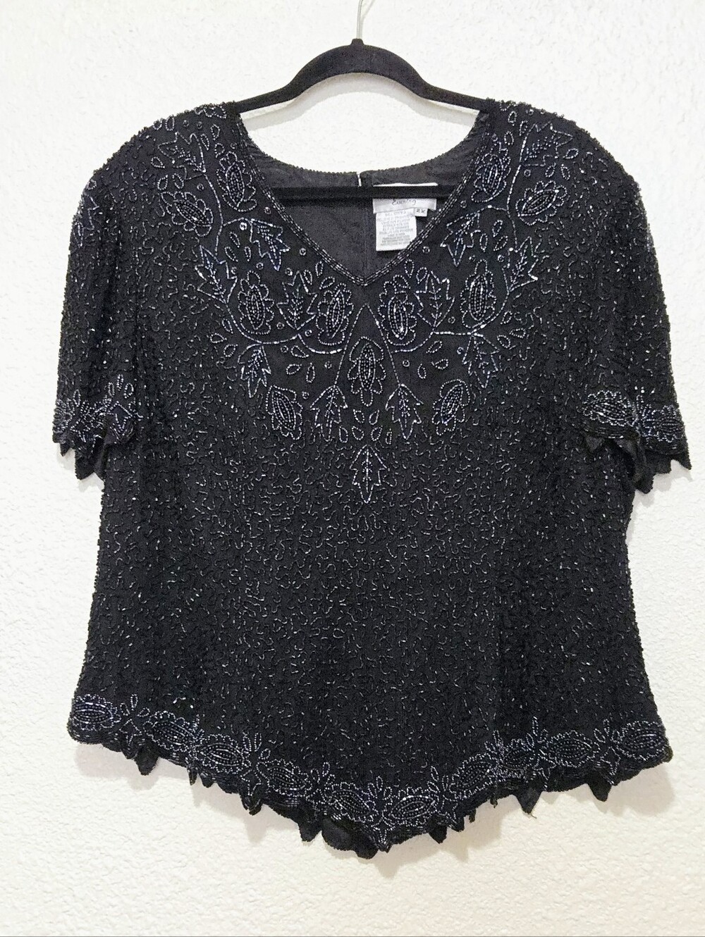 Vintage Papell Boutique Black Beaded 100% Silk Blouse - Gatsby-Glam - Size 2X